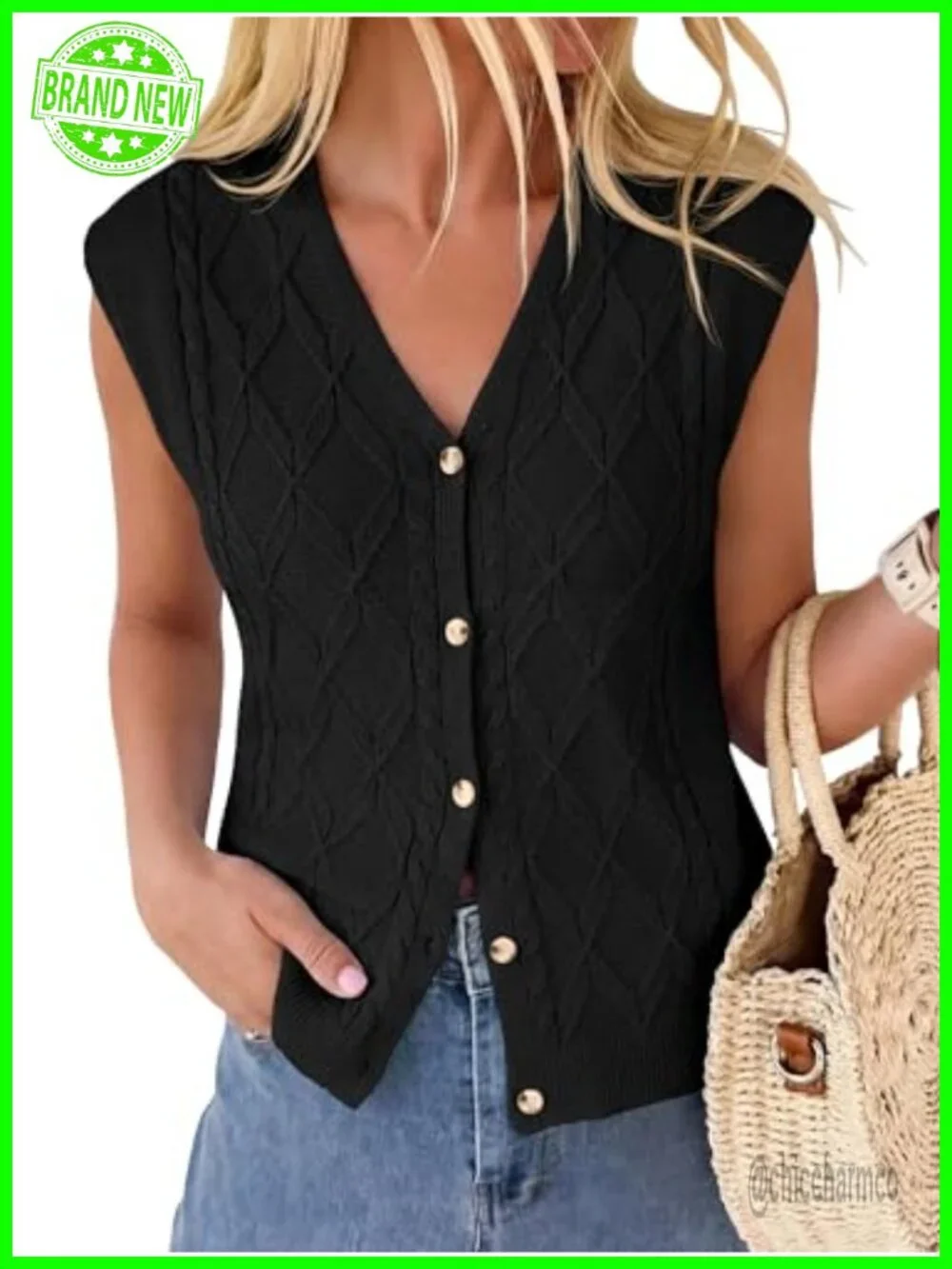 V-Neck Cap Sleeve Cable Knit Button Vest Sweater - Lightweight Loose Fit